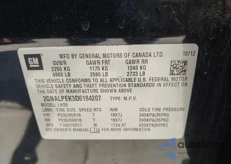 2013 Chevrolet Equinox 2Lt из США, поврежденный, VIN 2GNALPEK3D6184207